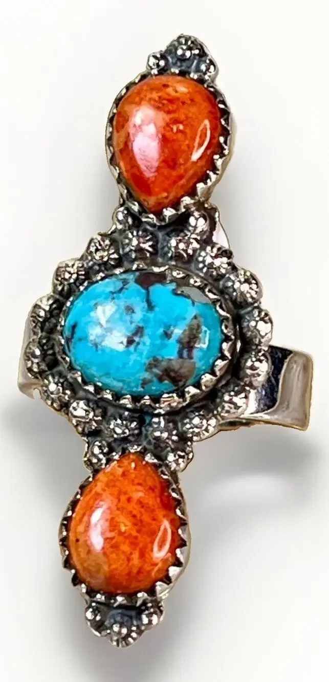 Sterling Silver Spiny Oyster Kingman Turquoise Cluster Statement Ring Adjust Sz